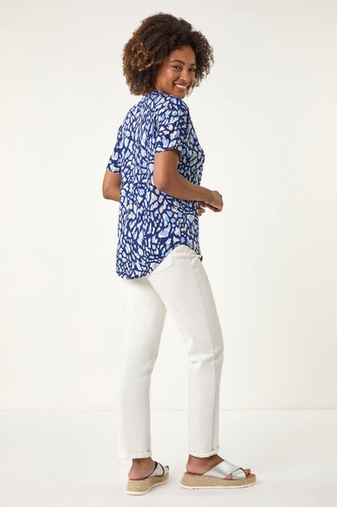 Roman Navy Abstract Print Zip Front Stretch Top