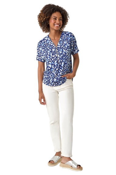 Roman Navy Abstract Print Zip Front Stretch Top