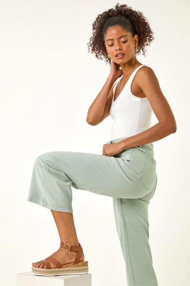Dusk Green Denim Pocket Detail Wide Leg Culotte