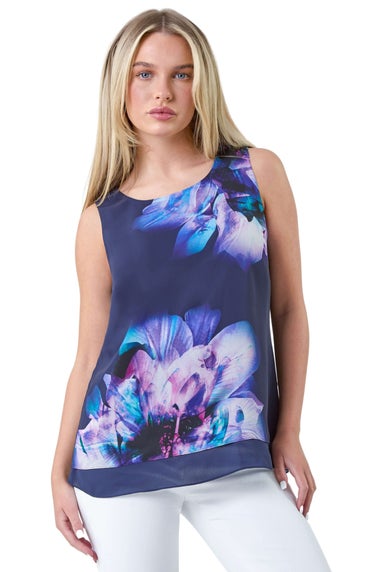 Roman Navy Petite Floral Overlay Sleeveless Top