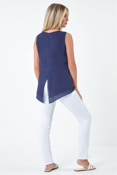 Roman Navy Petite Floral Overlay Sleeveless Top