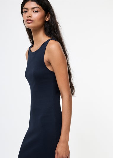 French Connection Navy Cotton Ribbed Sleeveless Bodycon Midi Dress