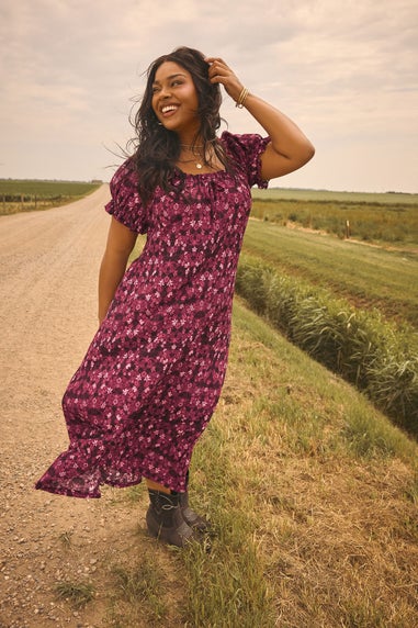 Yours Curve Pink Floral Print Textured Maxi Dress