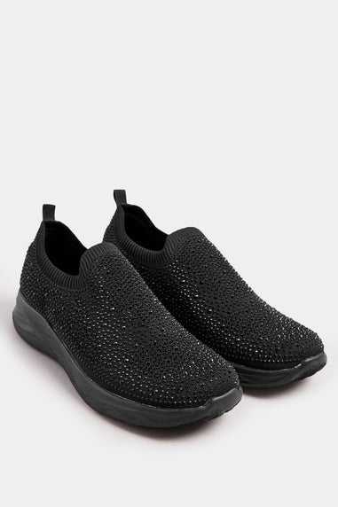 Yours Black Diamante Knitted Slip On Trainers In Extra Wide EEE Fit