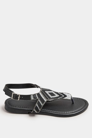 Yours Black Embellished T-Bar Sandals In Wide E Fit