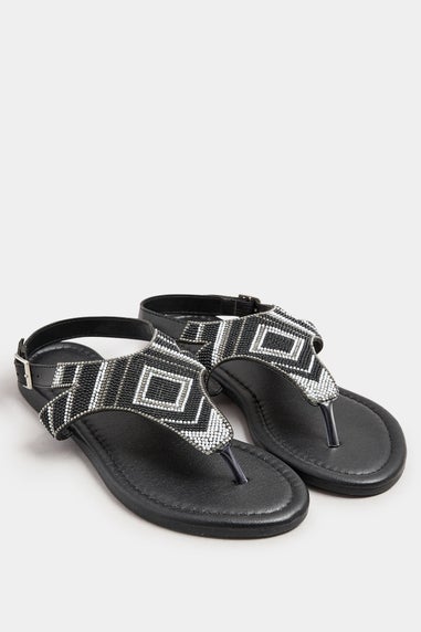 Yours Black Embellished T-Bar Sandals In Wide E Fit