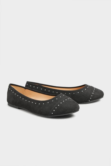 Yours Black Faux Suede Diamante Ballerina Pumps In Wide E Fit