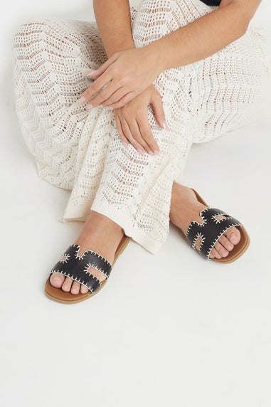 Yours Black Faux Leather Stitched Mule Sandals In Extra Wide Fit