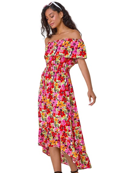 Dusk Pink Floral Print Shirred Midi Dress