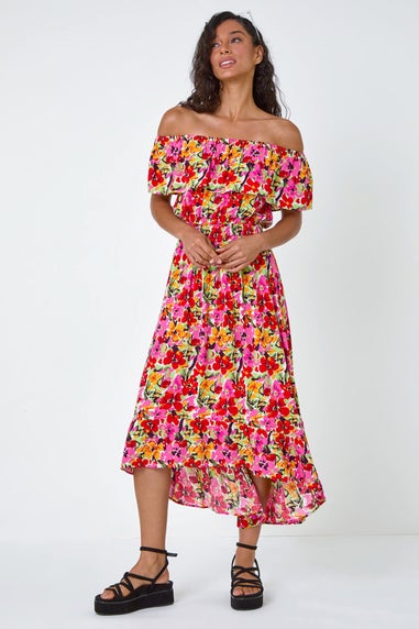 Dusk Pink Floral Print Shirred Midi Dress