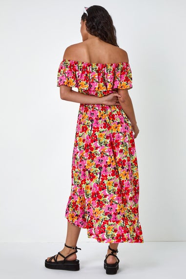 Dusk Pink Floral Print Shirred Midi Dress