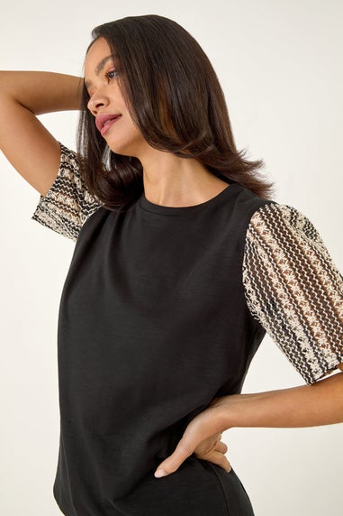Dusk Black Contrast Crochet Sleeve Top