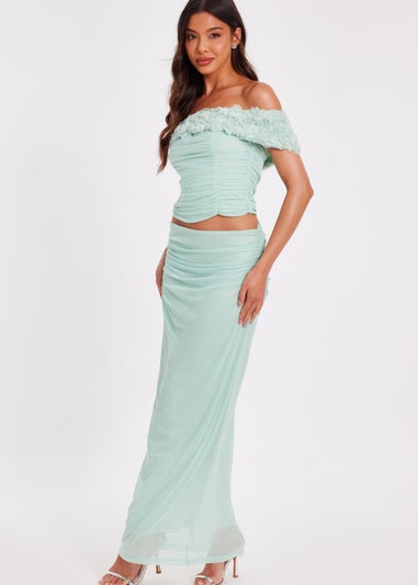 Quiz Green Mesh Ruched Midaxi Skirt