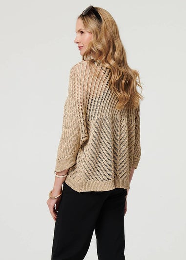 Izabel London Gold Sheer Mesh Texture 3/4 Sleeve Cardigan