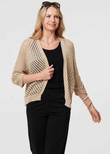 Izabel London Gold Sheer Mesh Texture 3/4 Sleeve Cardigan