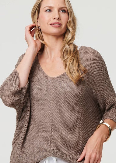 Izabel London Brown Sheer Mesh Texture 3/4 Sleeve Jumper