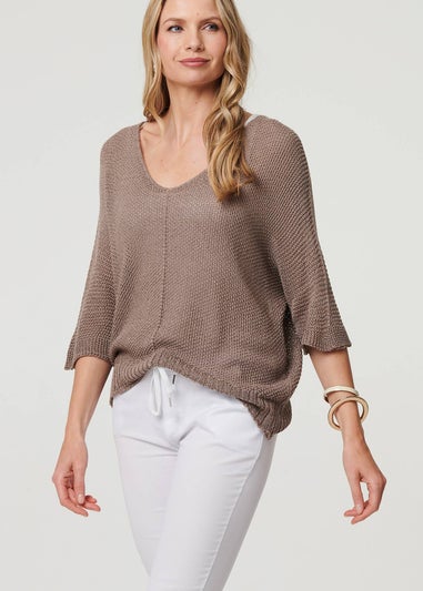 Izabel London Brown Sheer Mesh Texture 3/4 Sleeve Jumper