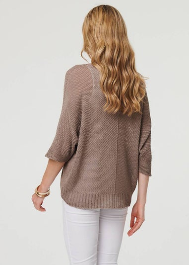 Izabel London Brown Sheer Mesh Texture 3/4 Sleeve Jumper