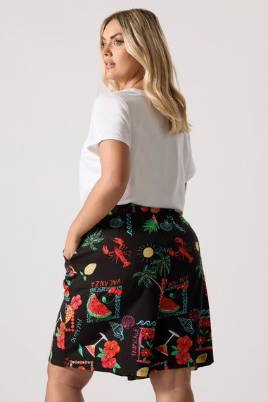 Yours Curve Black Summer Postcard Print Shorts
