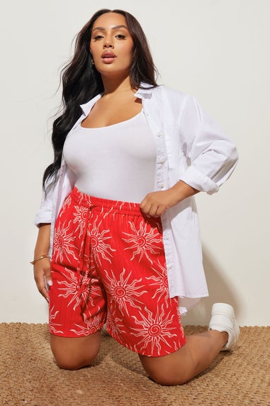 Yours Curve Red Textured Sun Print Shorts