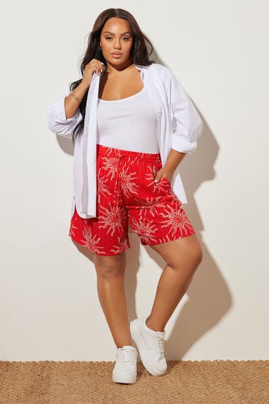 Yours Curve Red Textured Sun Print Shorts