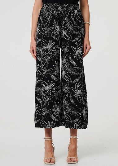 Izabel London Black Floral High Waist Wide Leg Trousers