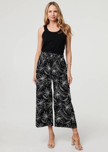 Izabel London Black Floral High Waist Wide Leg Trousers
