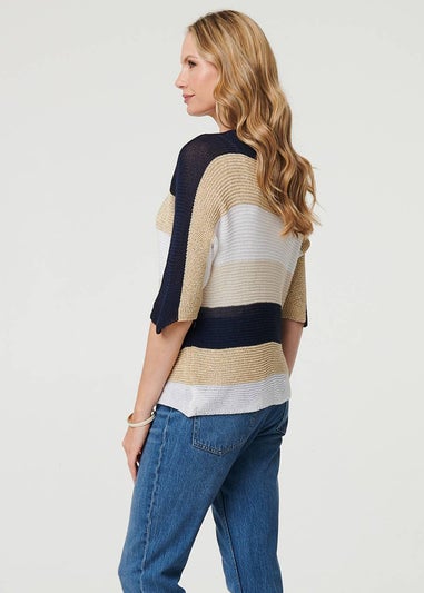 Izabel London Navy Striped 3/4 Sleeve Mesh Texture Jumper
