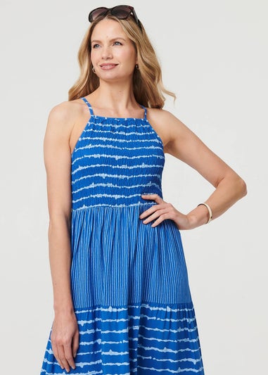 Izabel London Blue Striped Ruched Texture Tiered Midi Dress