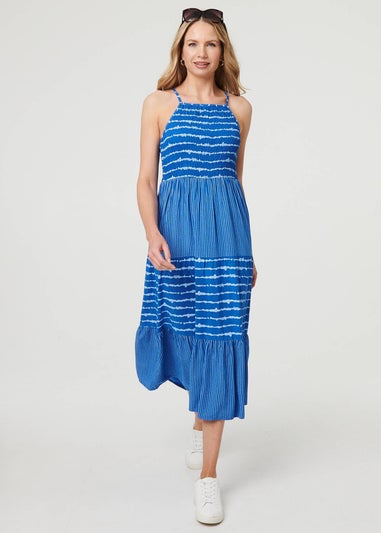 Izabel London Blue Striped Ruched Texture Tiered Midi Dress