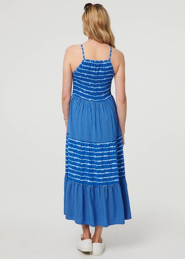 Izabel London Blue Striped Ruched Texture Tiered Midi Dress