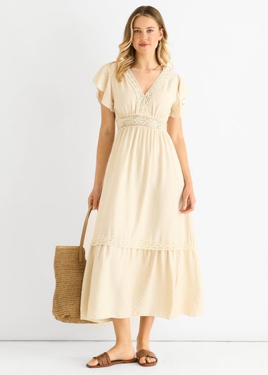 Gini London Beige Crochet Lace Panel Elasticated Waist Midi Dress