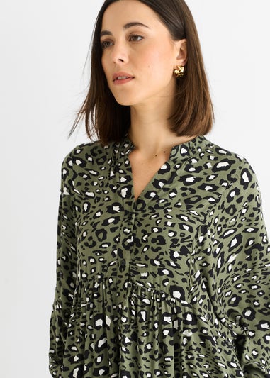 Gini London Khaki Viscose Animal Oversized Smock Maxi Dress