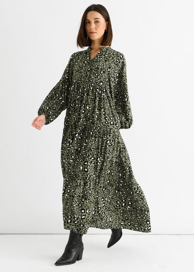 Gini London Khaki Viscose Animal Oversized Smock Maxi Dress