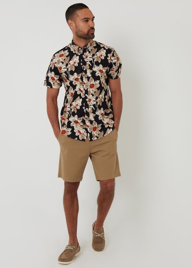 Threadbare Black Cotton Floral Print Short Sleeve Shirt