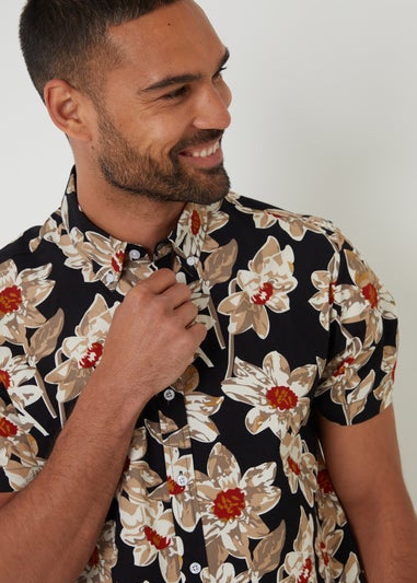 Threadbare Black Cotton Floral Print Short Sleeve Shirt