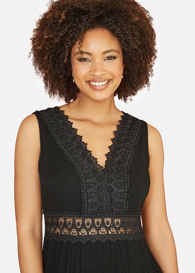 Yumi Black Lace Trim Cotton Midi Sun Dress
