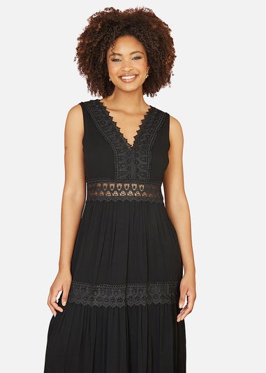 Yumi Black Lace Trim Cotton Midi Sun Dress