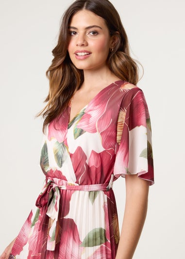 Blue Vanilla Burgundy Large Floral Wrap Midi Dress