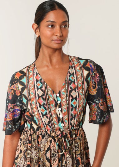 Blue Vanilla Black Angel Sleeve Button Front Maxi Dress