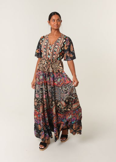 Blue Vanilla Black Angel Sleeve Button Front Maxi Dress