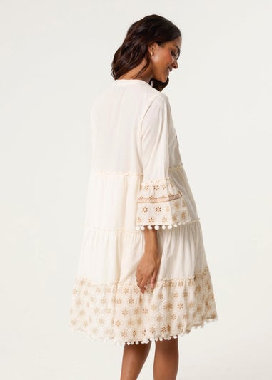 Blue Vanilla Ivory Embellished Tie Front Tunic Dress
