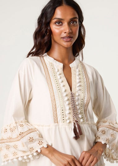Blue Vanilla Ivory Embellished Tie Front Tunic Dress