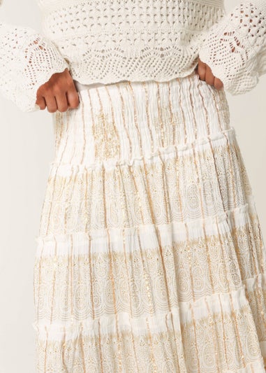 Blue Vanilla Ivory Foil Tiered Maxi Skirt