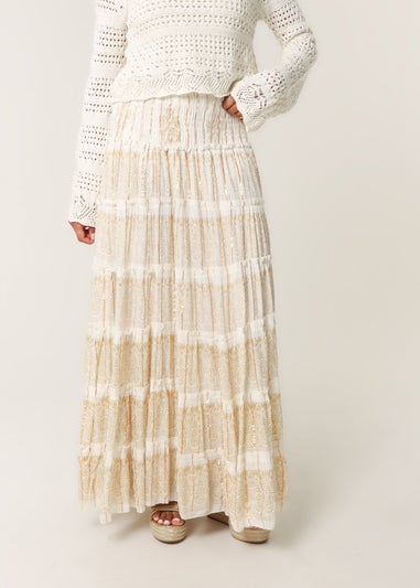 Blue Vanilla Ivory Foil Tiered Maxi Skirt