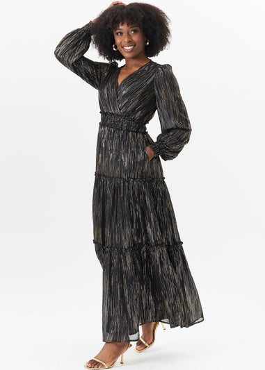Gini London Black Lurex Chiffon Occassion Tiered Maxi Dress