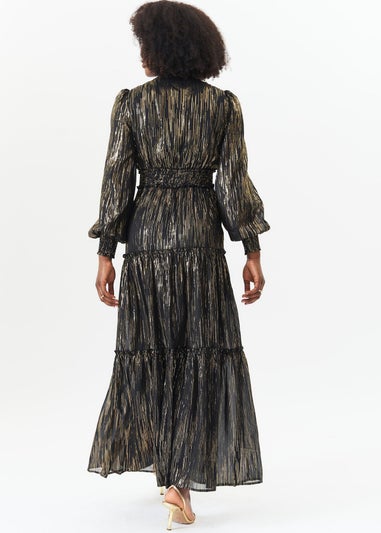 Gini London Black Lurex Chiffon Occassion Tiered Maxi Dress