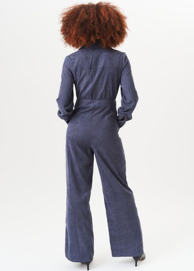 Gini London Blue Long Sleeves Zip Front Cord Jumpsuit