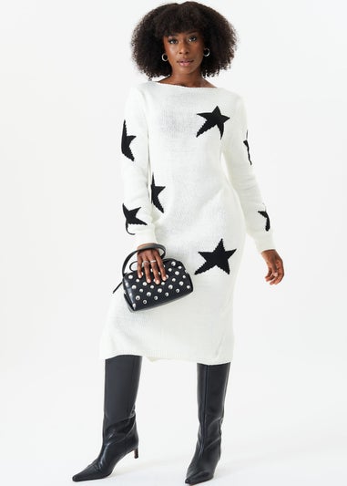 Gini London White Star Knit Oversized Jumper Dress