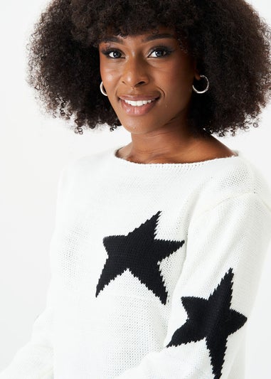 Gini London White Star Knit Oversized Jumper Dress